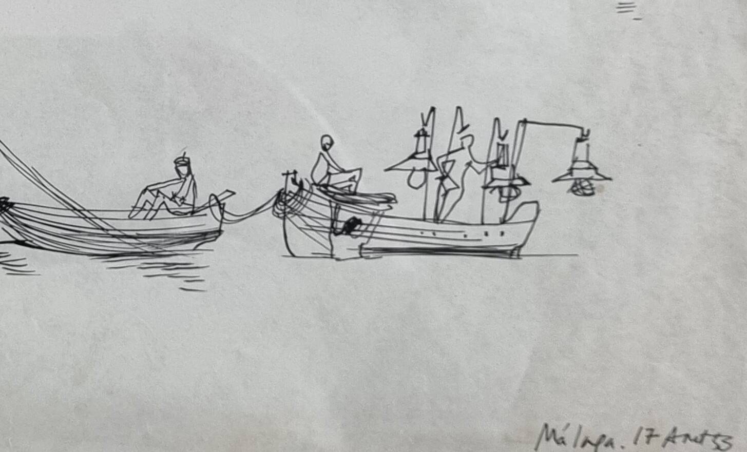 Original ink drawing, travel sketchbook, 1955, port scene 52x34 cm