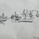 Original ink drawing, travel sketchbook, 1955, port scene 52x34 cm