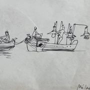 Original ink drawing, travel sketchbook, 1955, port scene 52x34 cm