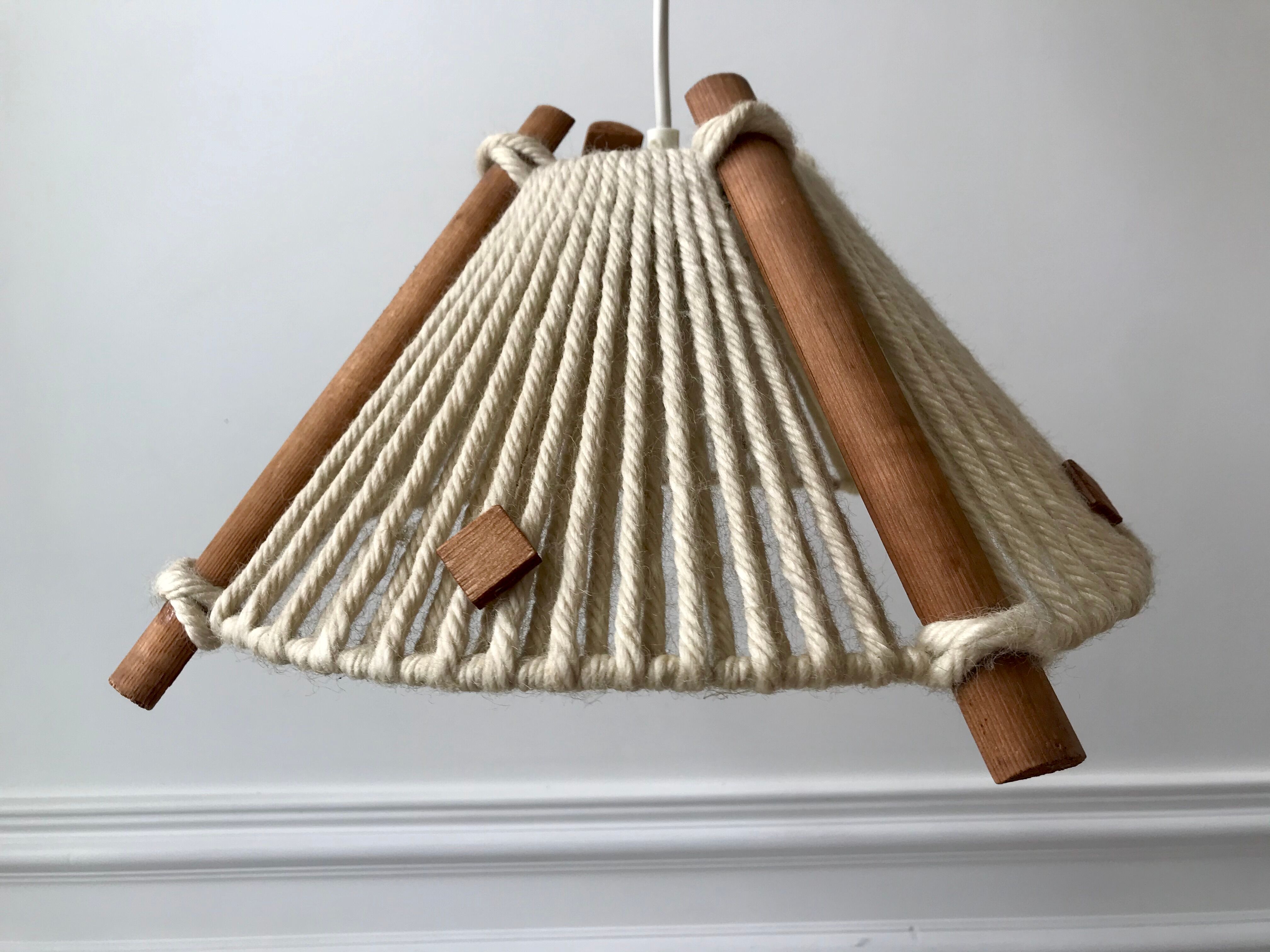 Scandinavian suspension lamp in wood and wool made in gdr 60s