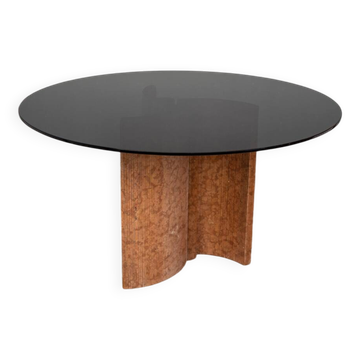 Table ronde vintage 70's en travertin et verre, design italien