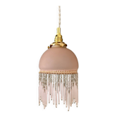 Suspension globe vintage en verre rose et perles de rocaille