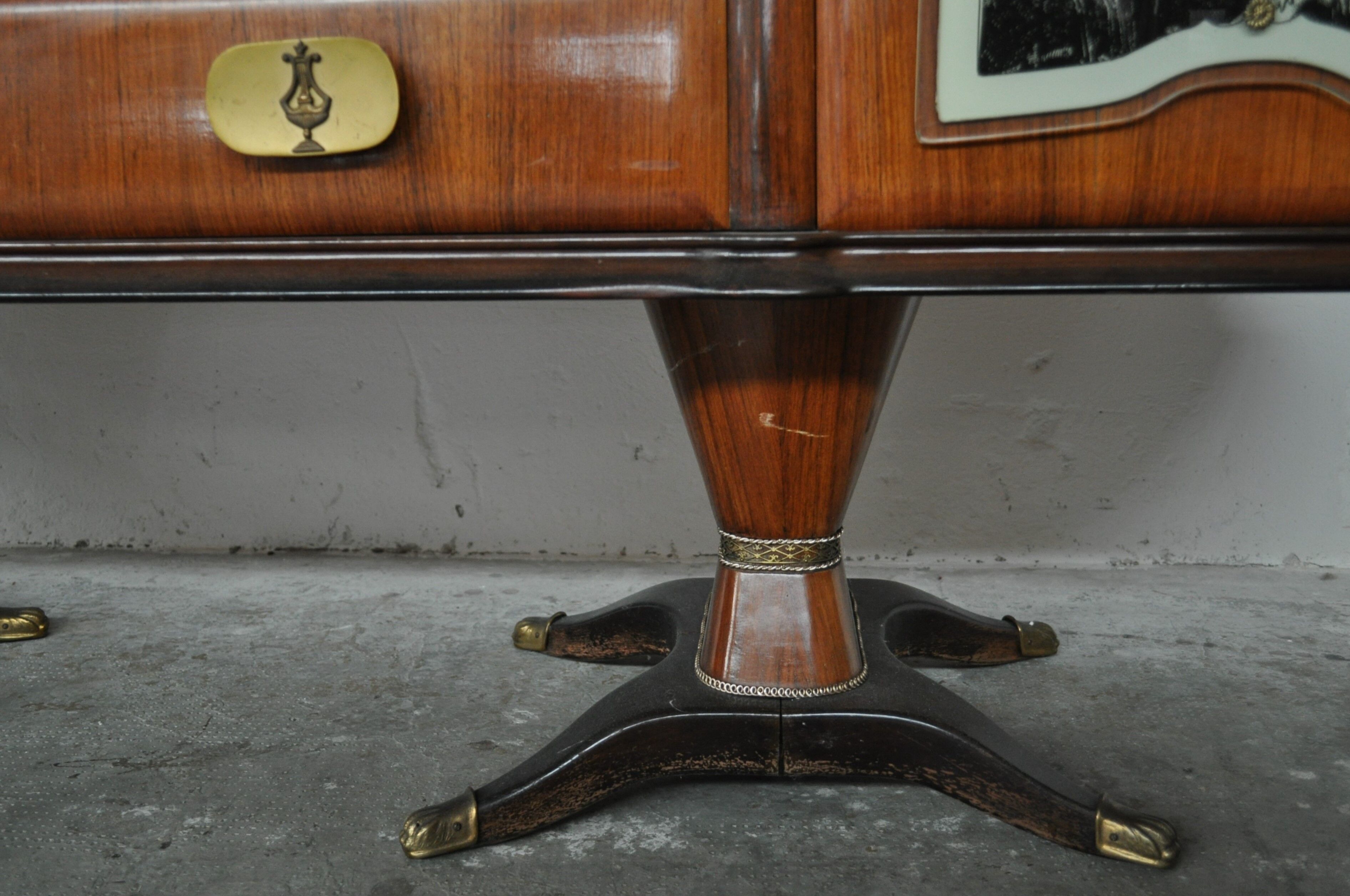 Mahogany pear tree, brass & glass top drawers sideboard from f.lli rigamonti desio, milan, 1940s