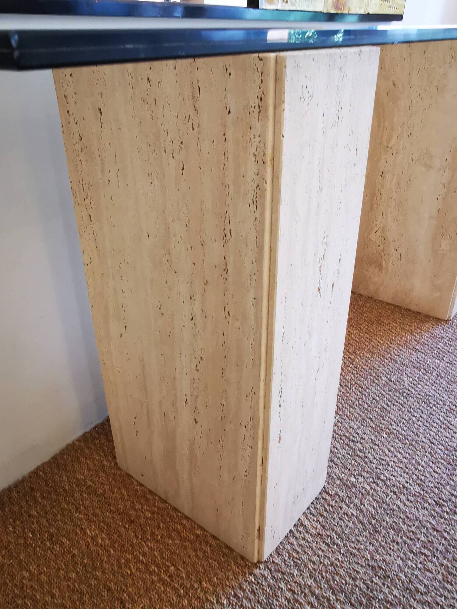 XXL vintage Italian console in travertine and glass from the 80s
