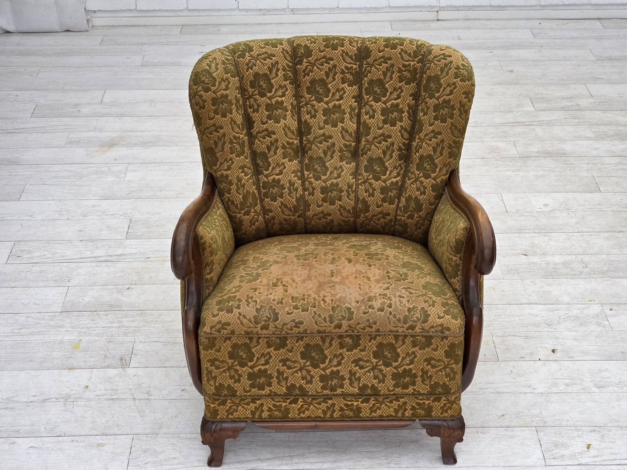 1950s, Danish armchair, furniture wool, hand carved oak wood.