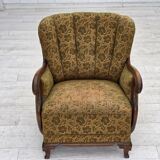 1950s, Danish armchair, furniture wool, hand carved oak wood.