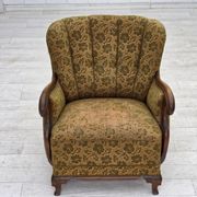 1950s, Danish armchair, furniture wool, hand carved oak wood.