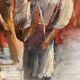 Huile « procession sicilienne « 1960, cadre bois et vitre