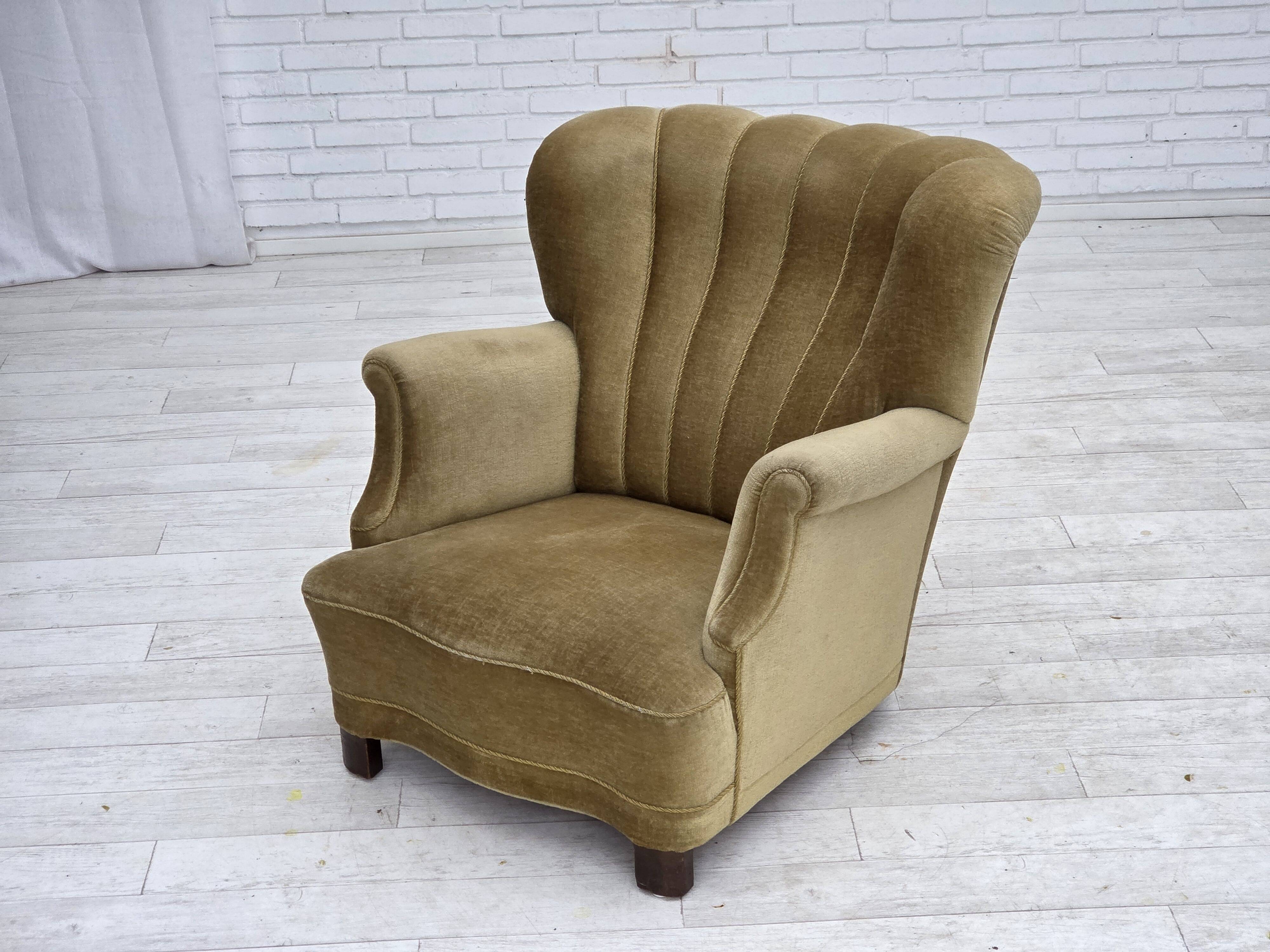 1960s, Danish armchair, green furniture velour, oak wood.