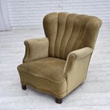 1960s, Danish armchair, green furniture velour, oak wood.
