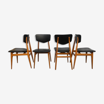 Set of 4 Scandinavian teak and black skai chairs
