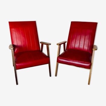 Paire de fauteuils en skaï rouge années 60