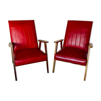 Pair of armchairs in red Skaï 60s