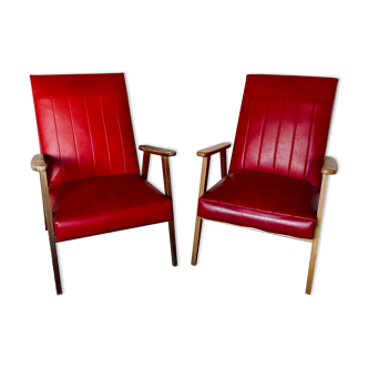 Paire de fauteuils en skaï rouge années 60