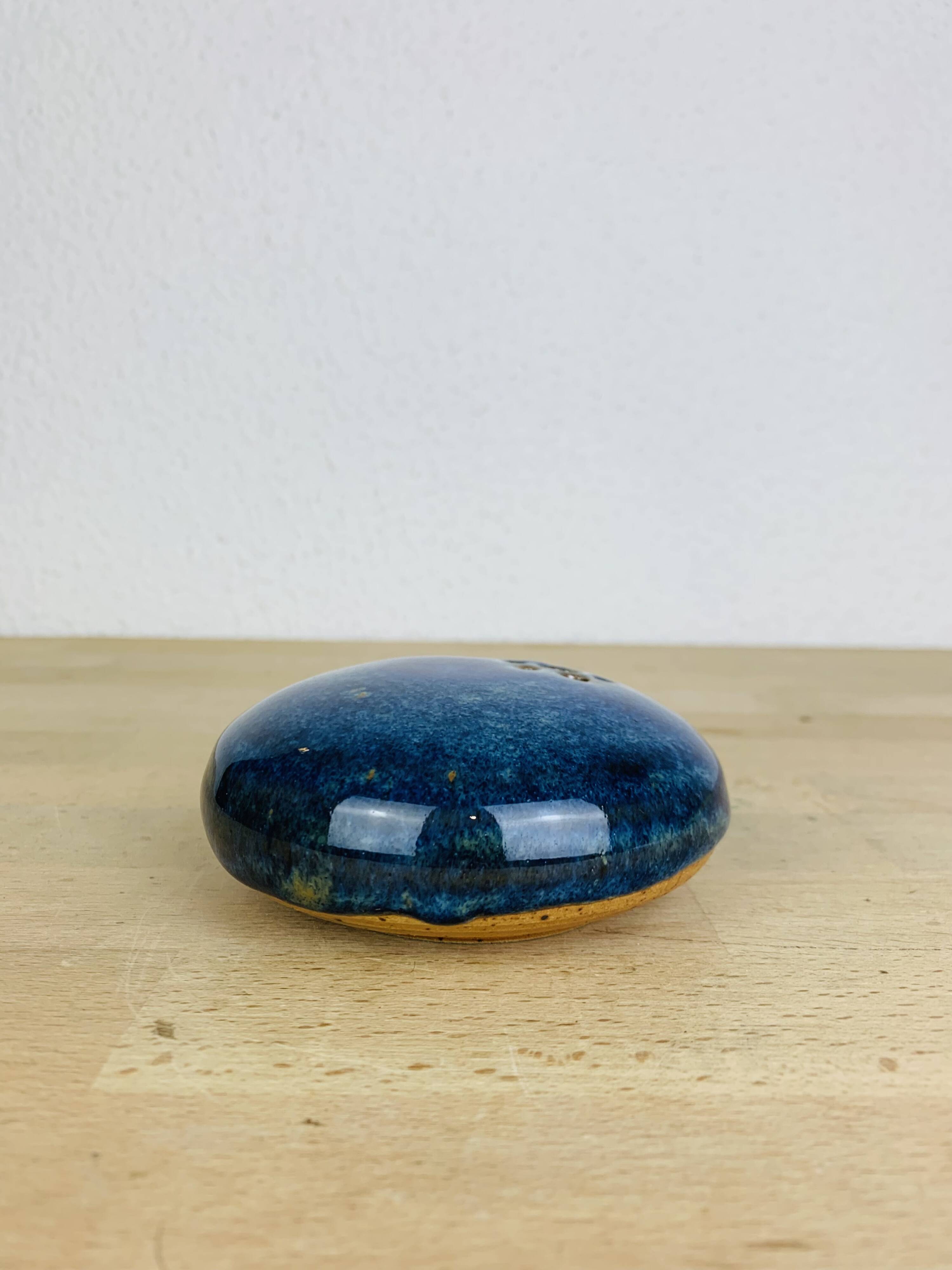 Blue ceramic flower spike ball vase, 7 soleils workshop