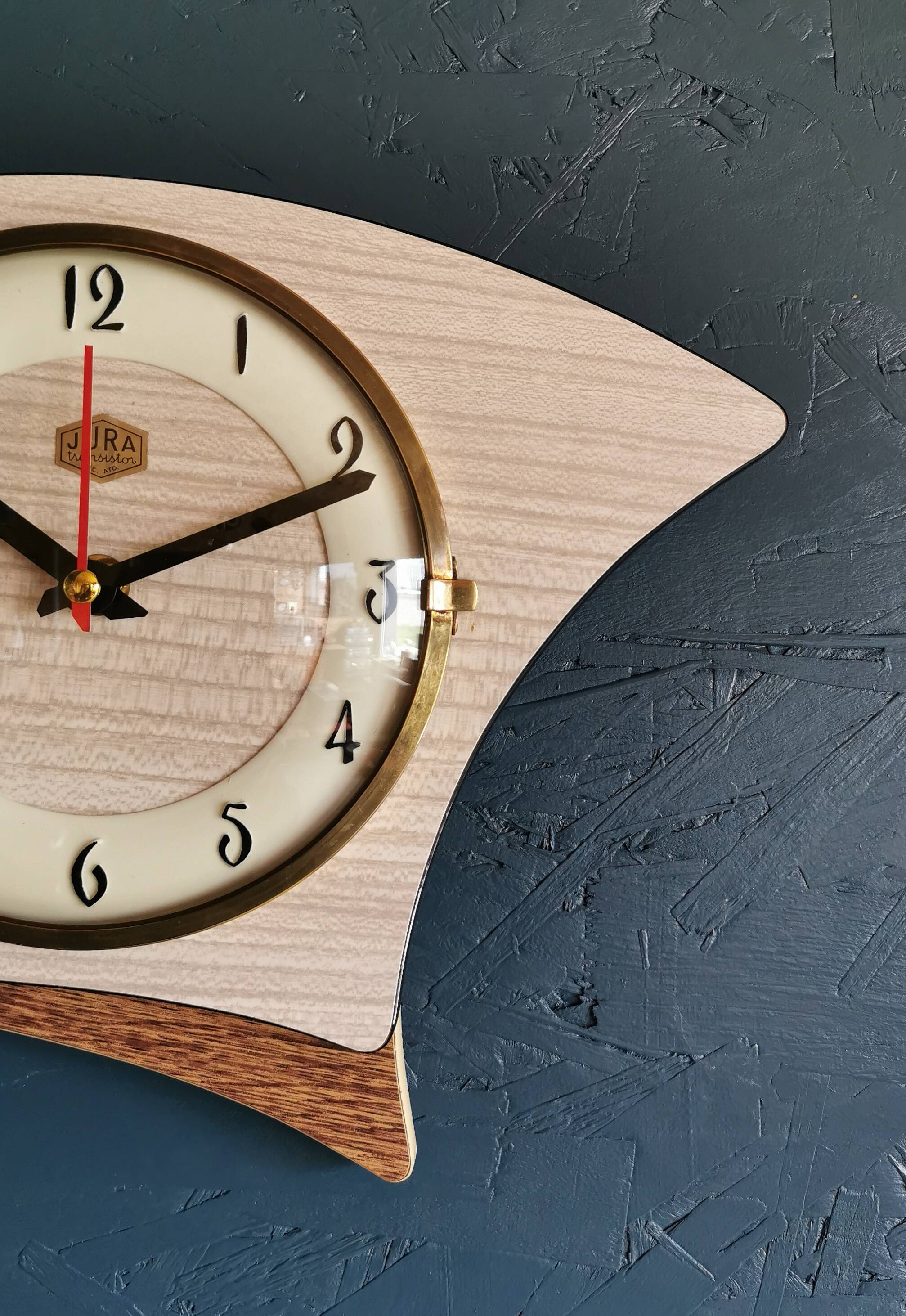 Vintage formica clock silent asymmetrical wall pendulum "Jura bois"