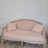 Louis XV style bench sofa in pink fabric and burlap