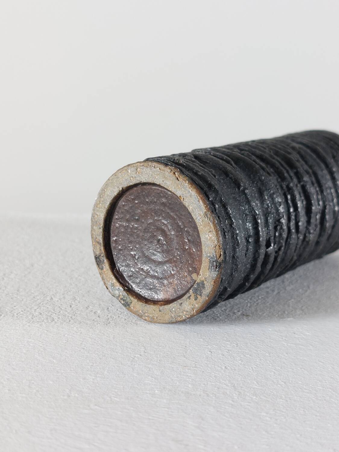 Small vintage brutalist vase with oxidised glaze from the 1950s.