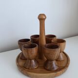 Set of 6 olive wood egg cups and tray