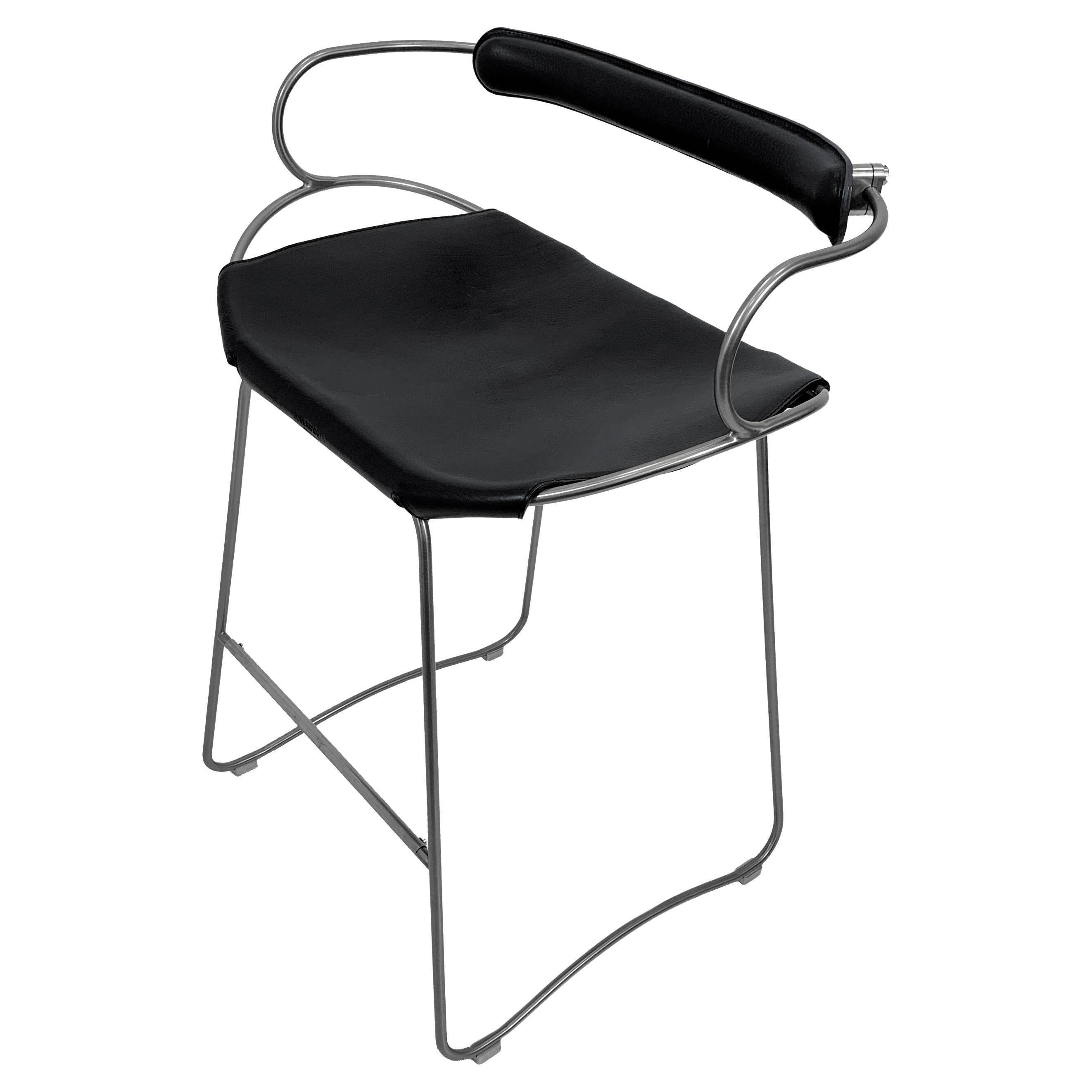 Organic sculptural bar stool c. Backrest Old Silver Steel and Black Leather