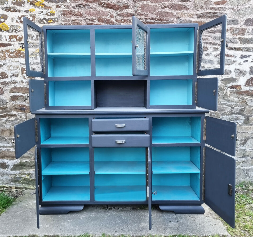 Vintage Mado sideboard, grey restyled, blue interior, 50s