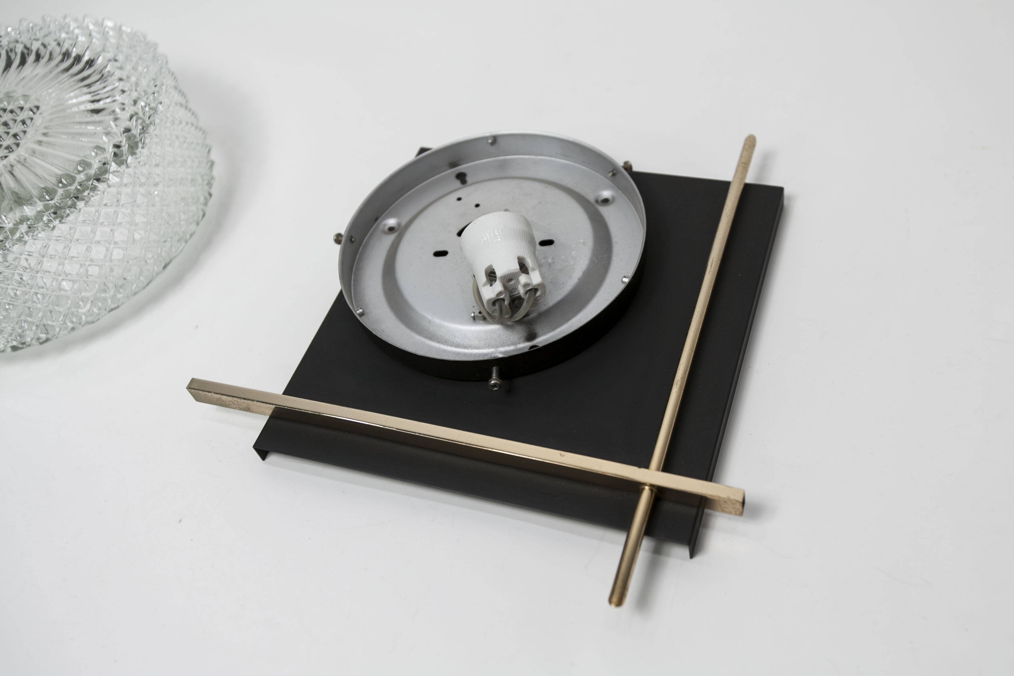 1960 wall light, black metal glass and gold brass rods