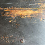 Solid wood farmhouse table with ebony finish.