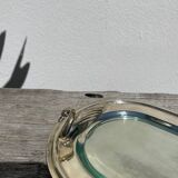Flat silver metal tray with duck and toast