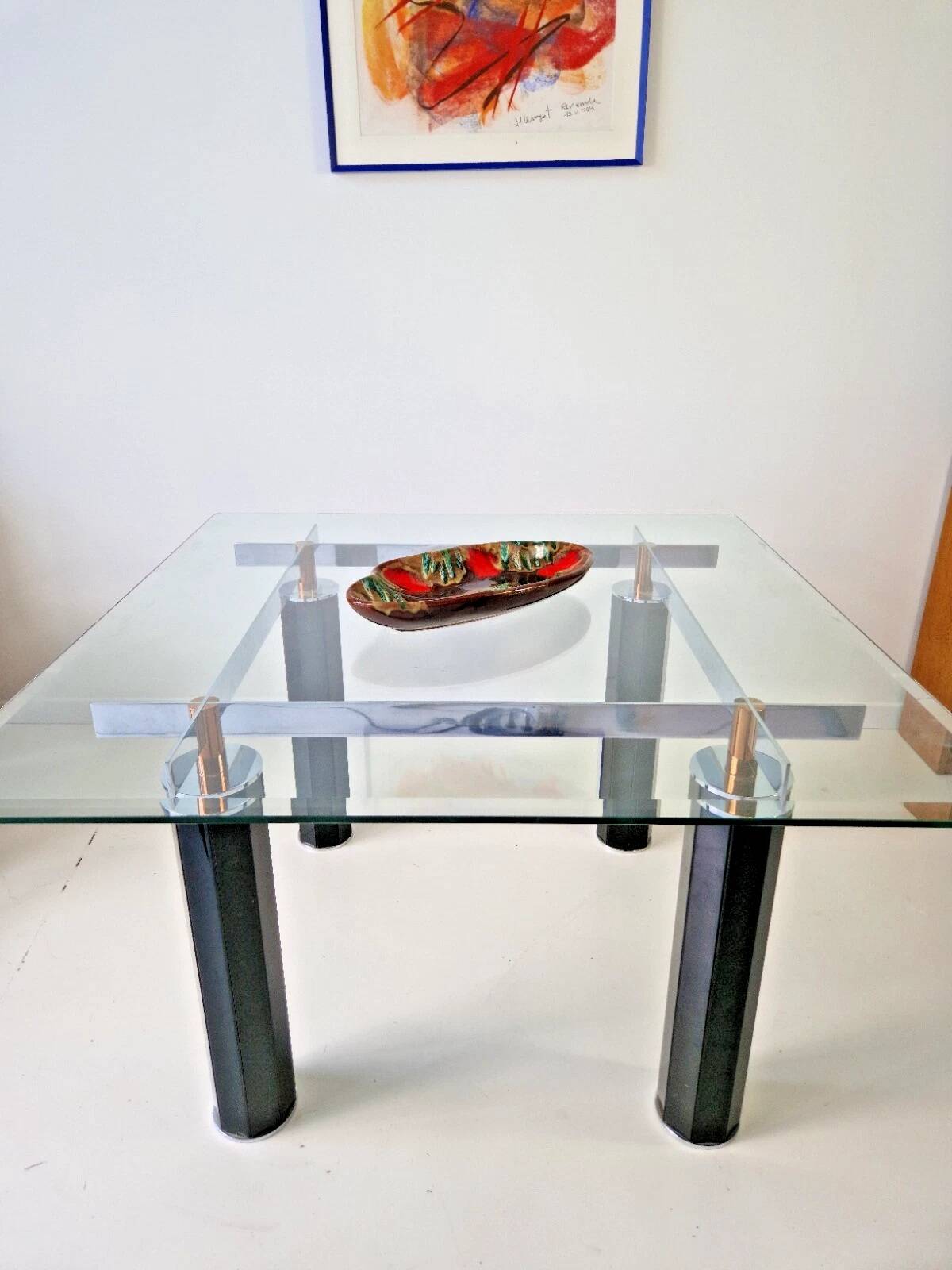 Table à manger en verre trempé vintage des années 1980 style Roche Bobois