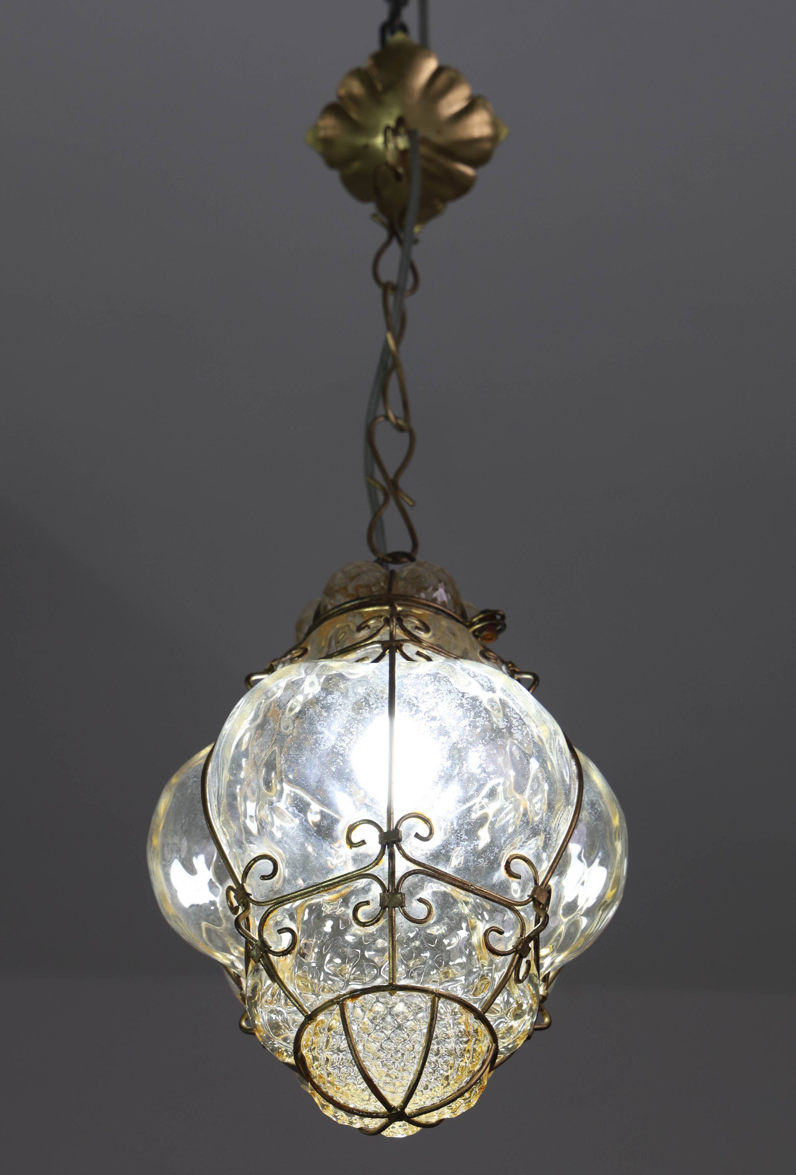 Set of 2 Wonderful Amber Vintage Venetian Lantern, Murano Glass, Italy, 1950s