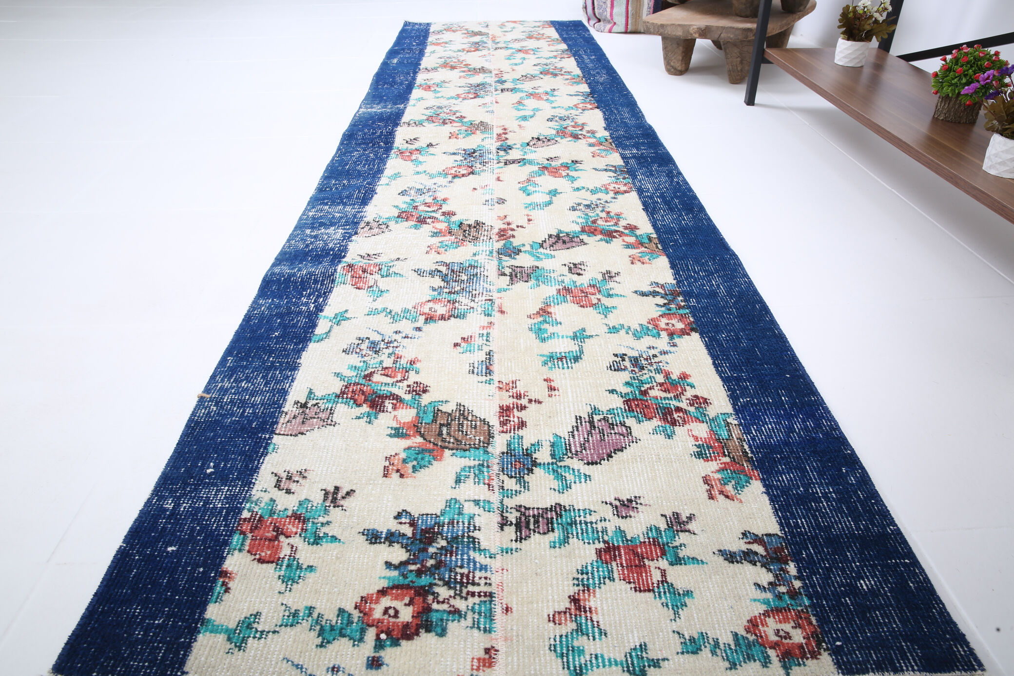 Blue floral vintage runner rug 275x74cm