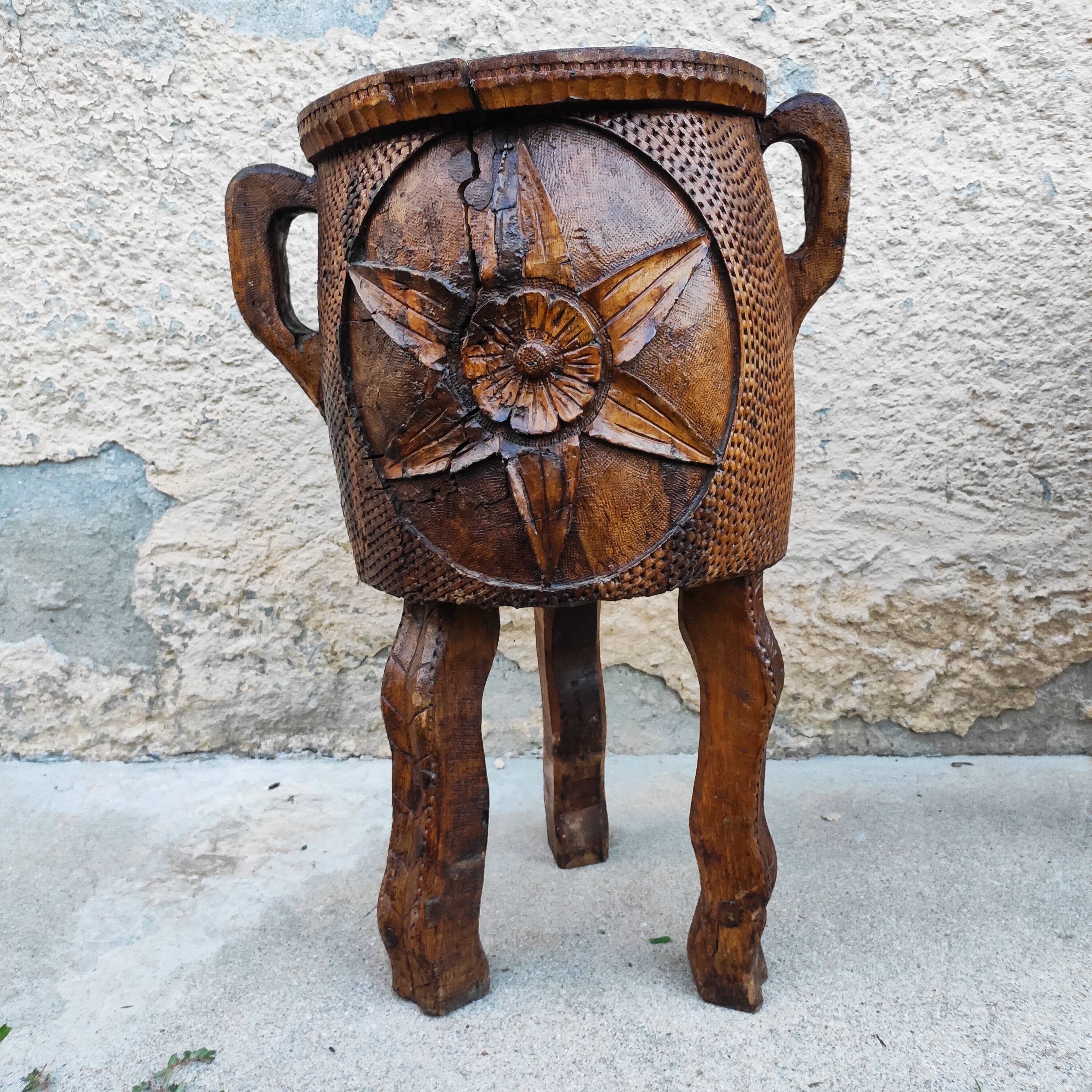 Pair of antique brutalist planters, Savoyard folk art