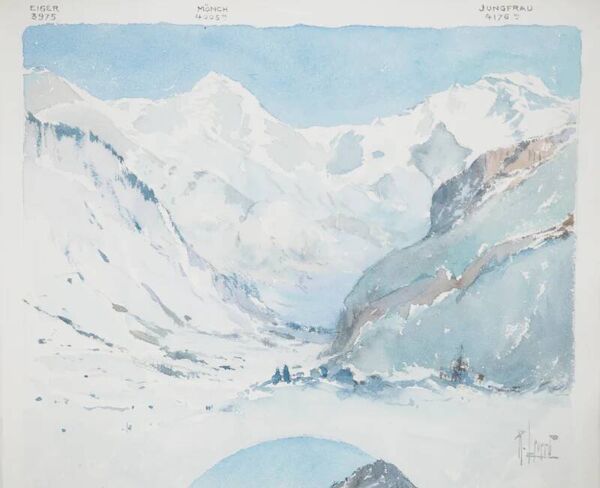 Aquarelle originale ''Harmonie des hauteurs'' signée René Leverd, Suisse