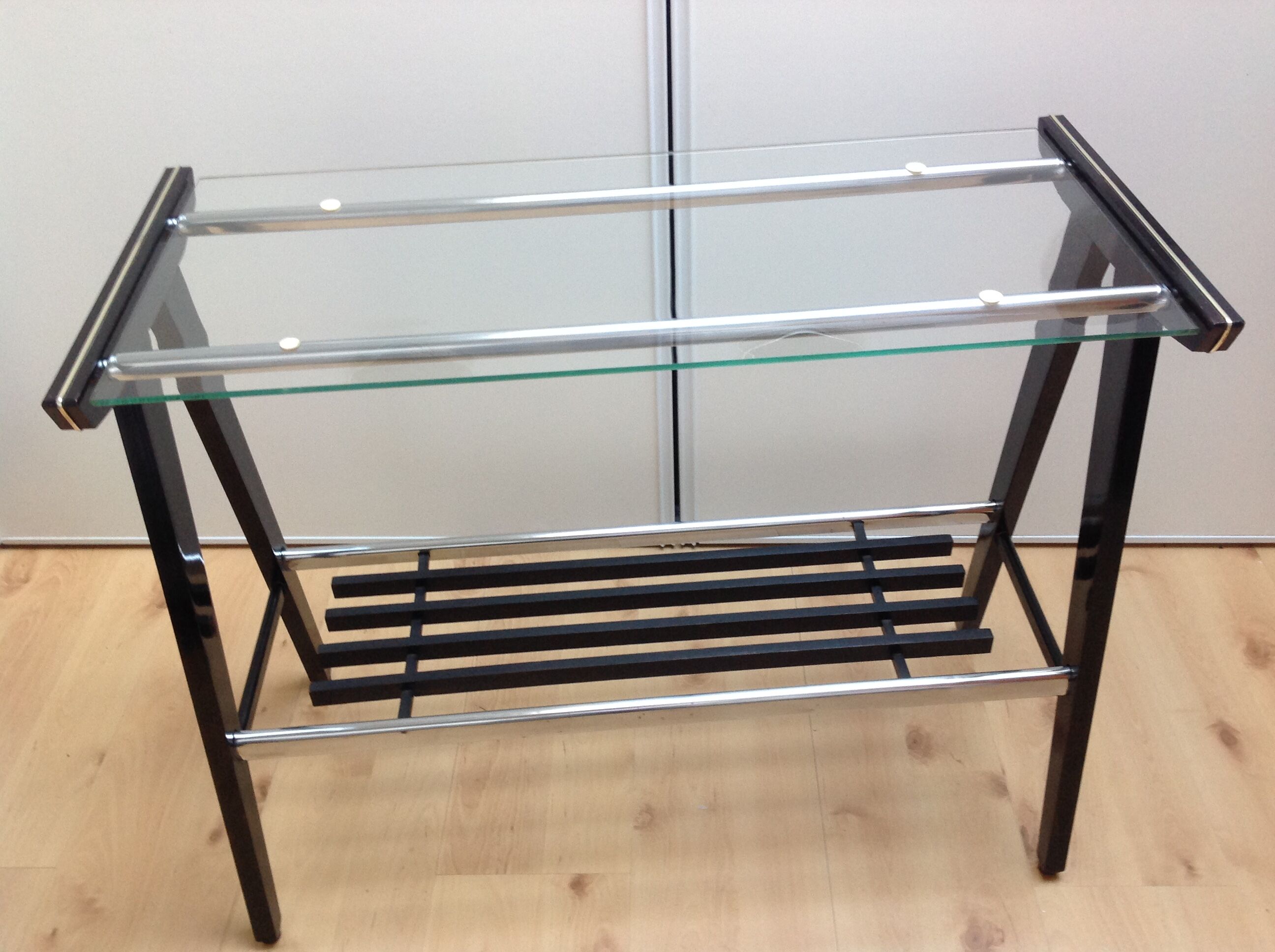 Console in black lacquered wood and chromed metal / vintage 60s-70s