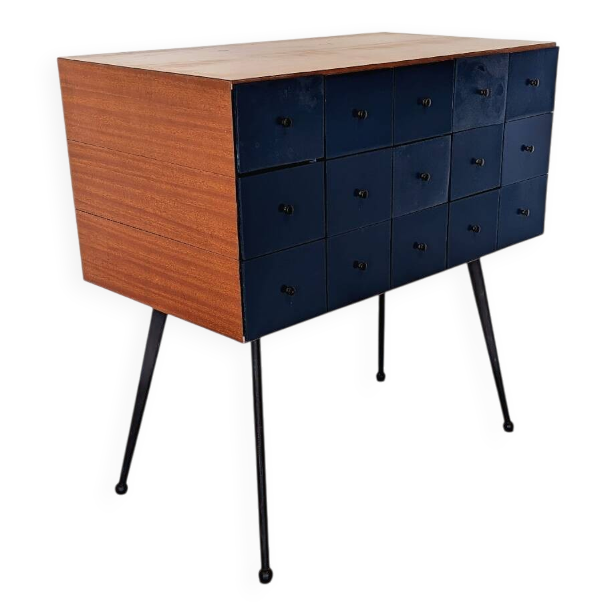 Vintage workshop furniture with 15 blue drawers.