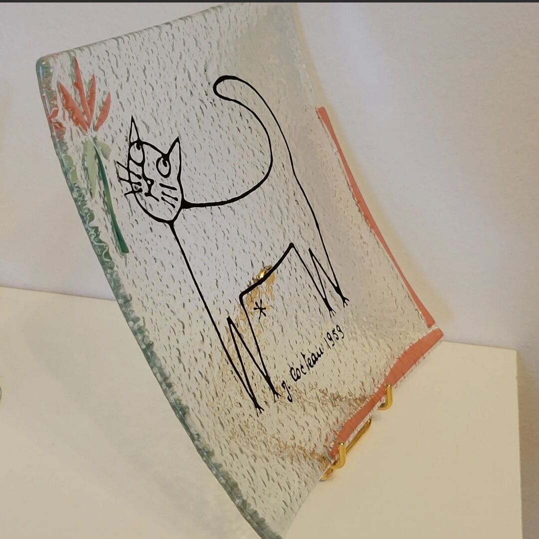 Vide pocket glass plate signed Jean Cocteau 1959 cat décor