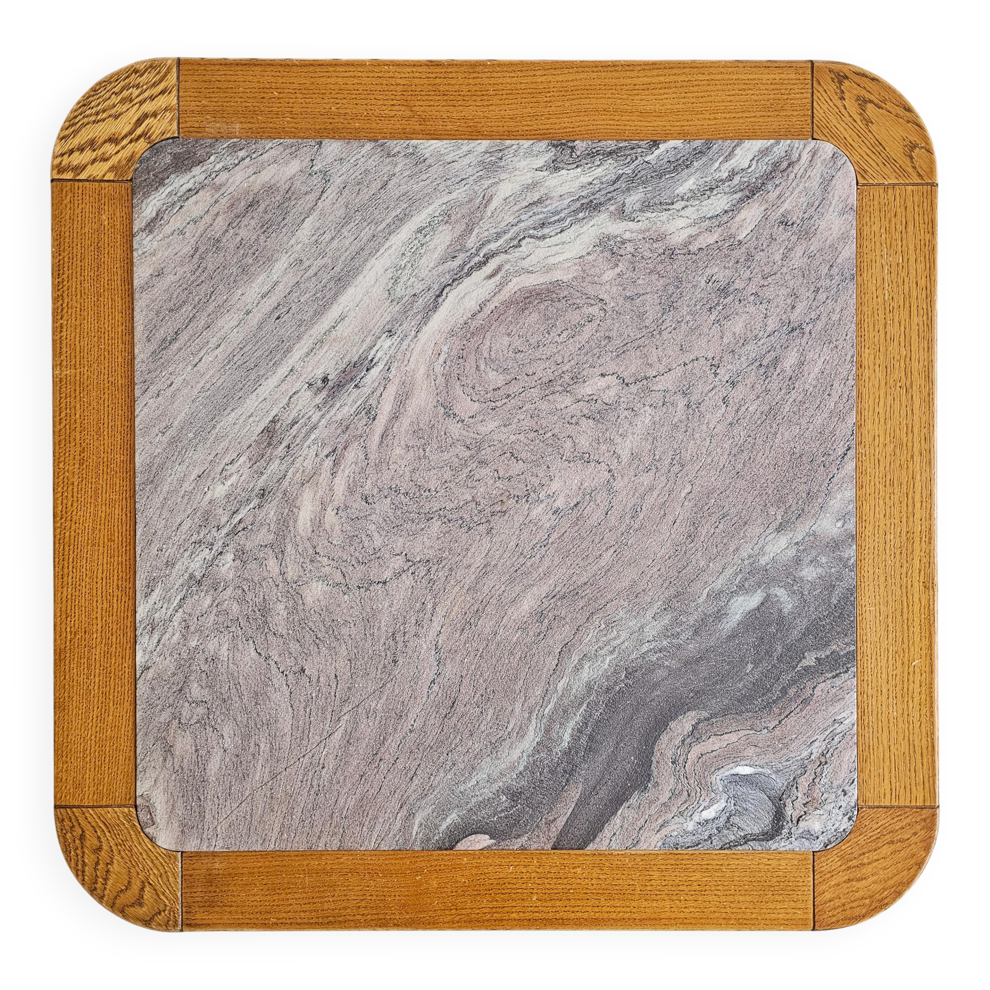 Brutalist coffee table in solid oak with a Rosso Luana marble top.