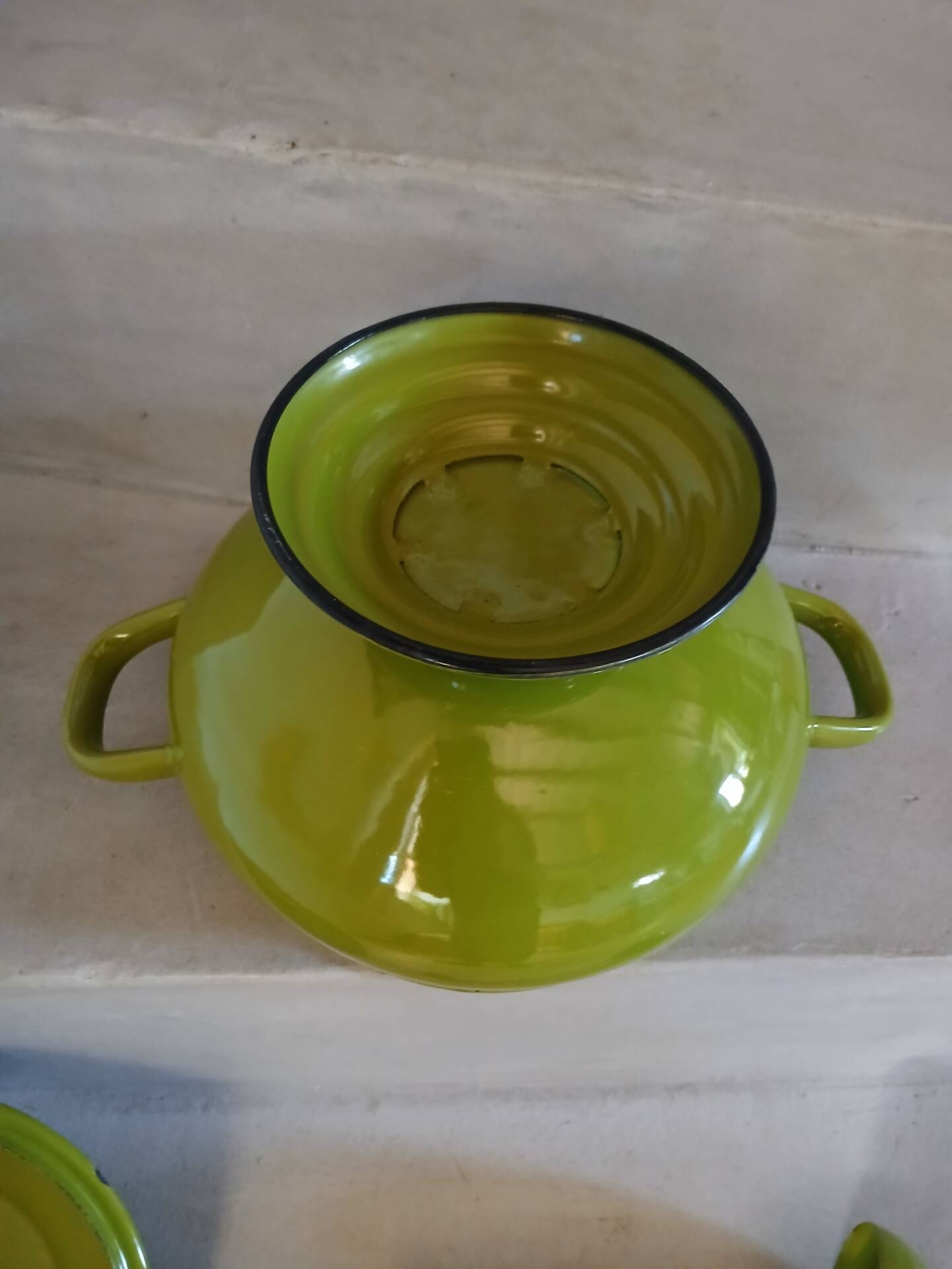 Vintage green enamelled tin soup tureen