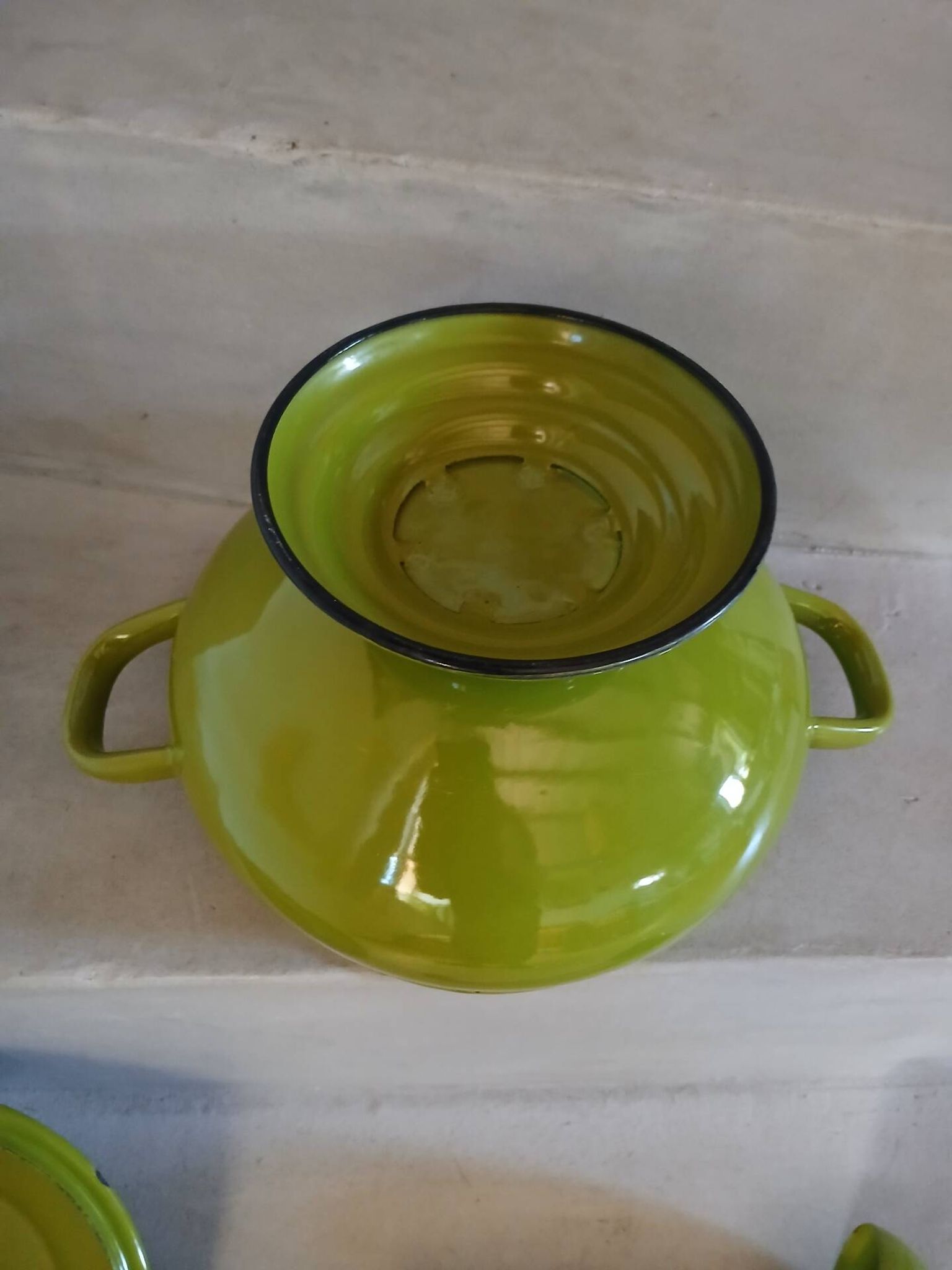 Vintage green enamelled tin soup tureen