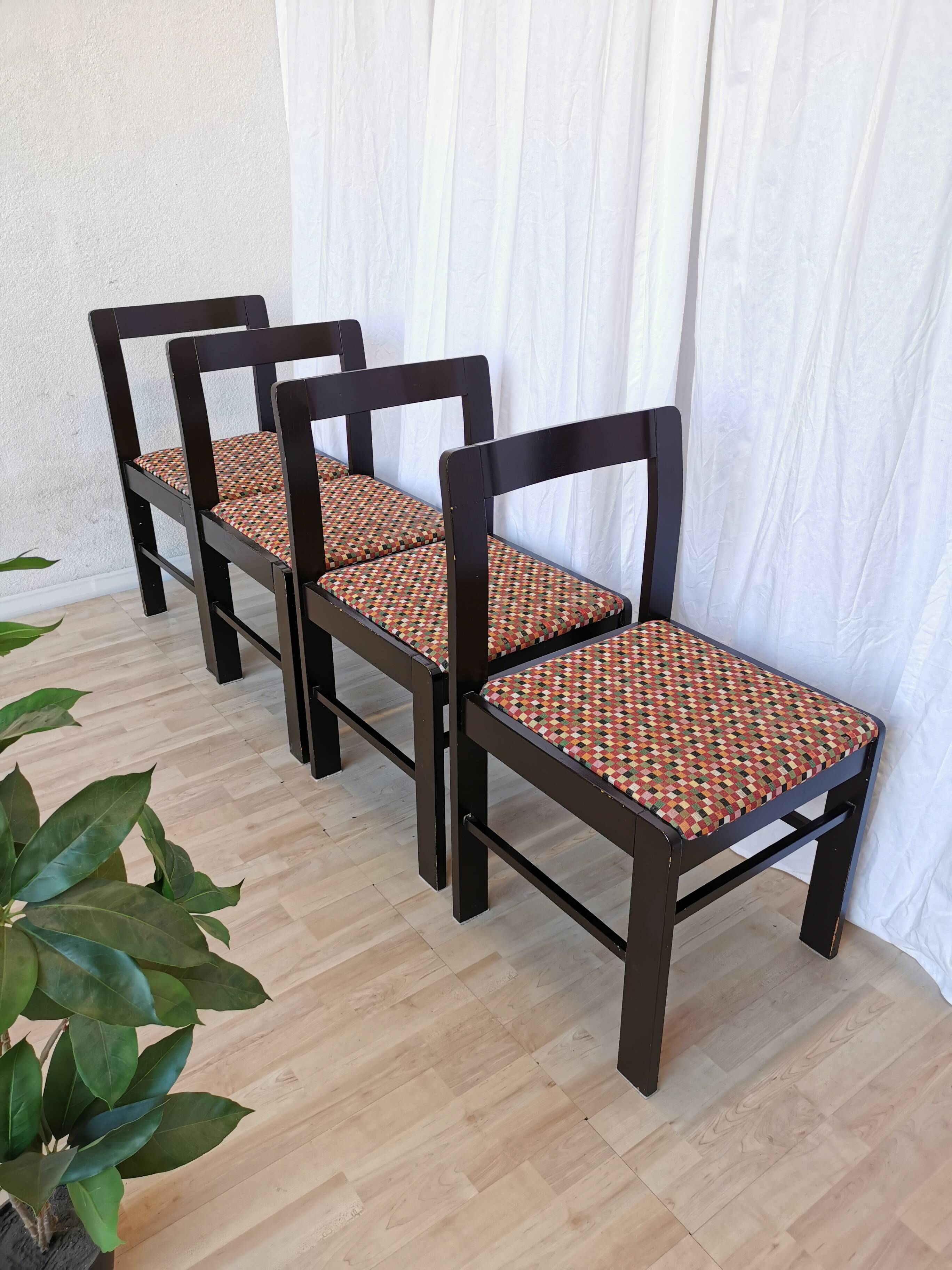 Vintage Black Wooden Dining Chairs: Retro Fabric Seats, 1970s Yugoslavia (S