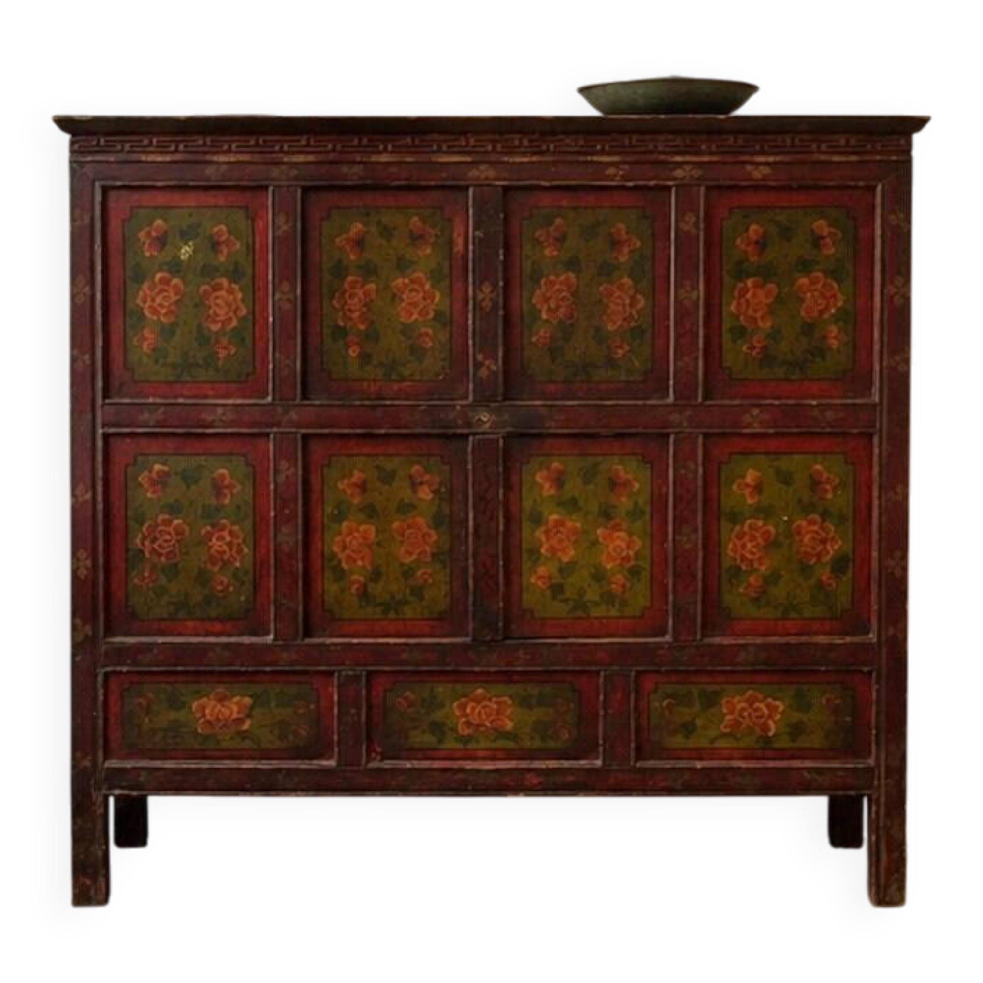 Antique Japanese Wooden Sideboard with Hand-Painted Floral Decorations