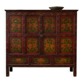 Antique Japanese Wooden Sideboard with Hand-Painted Floral Decorations
