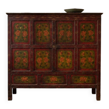 Antique Japanese wooden sideboard with hand-painted floral decorations.