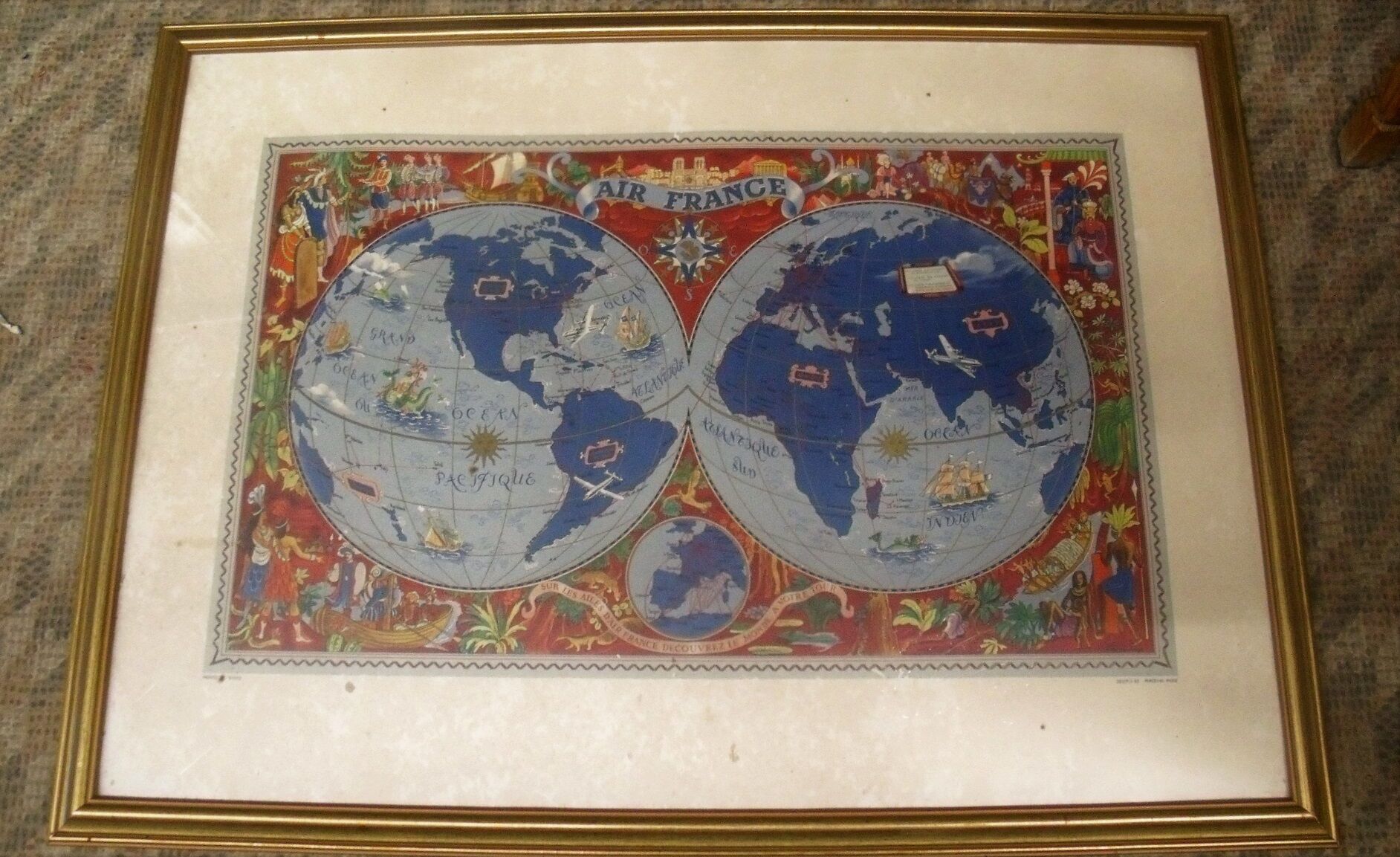 Old card Air France 1950 shown by Lucien Boucher planisphere