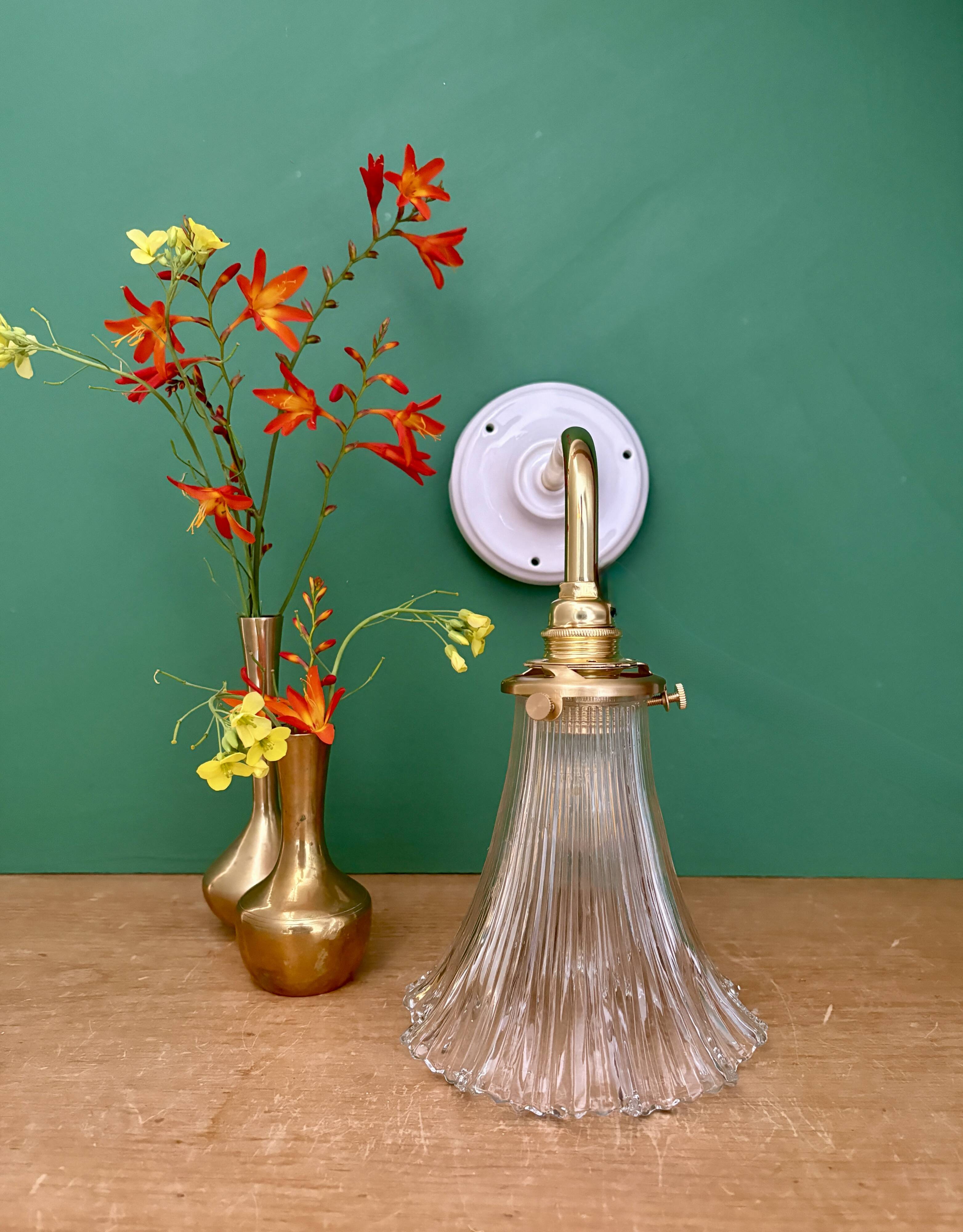 Vintage tulip angled wall light in holophane glass