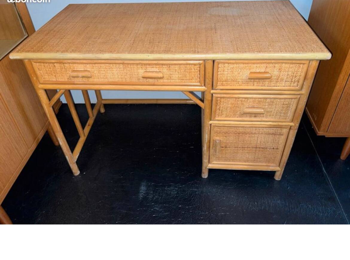 Vintage bamboo rattan woven desk circa 1970