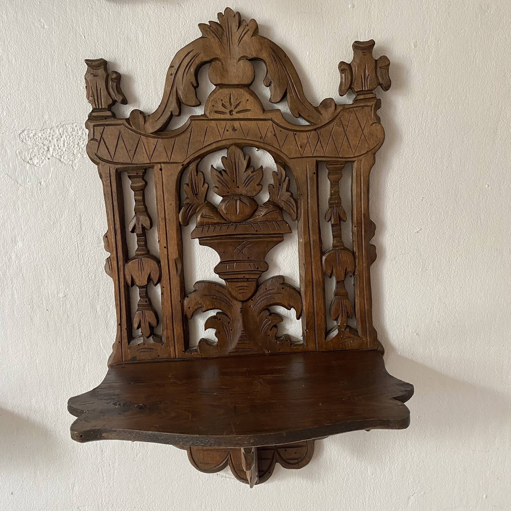 antique foldable wall shelf with openwork wood
