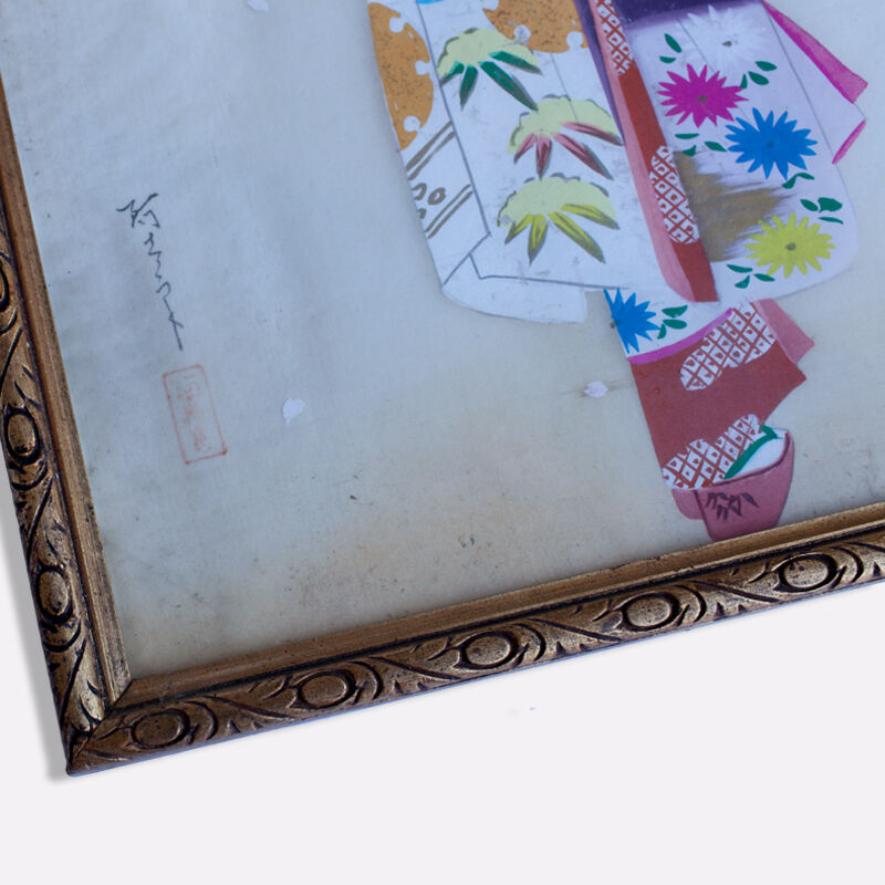 Peinture sur soie (Geisha japonaise) asiatique, Jeune femme en kimono & éventail, vintage rare