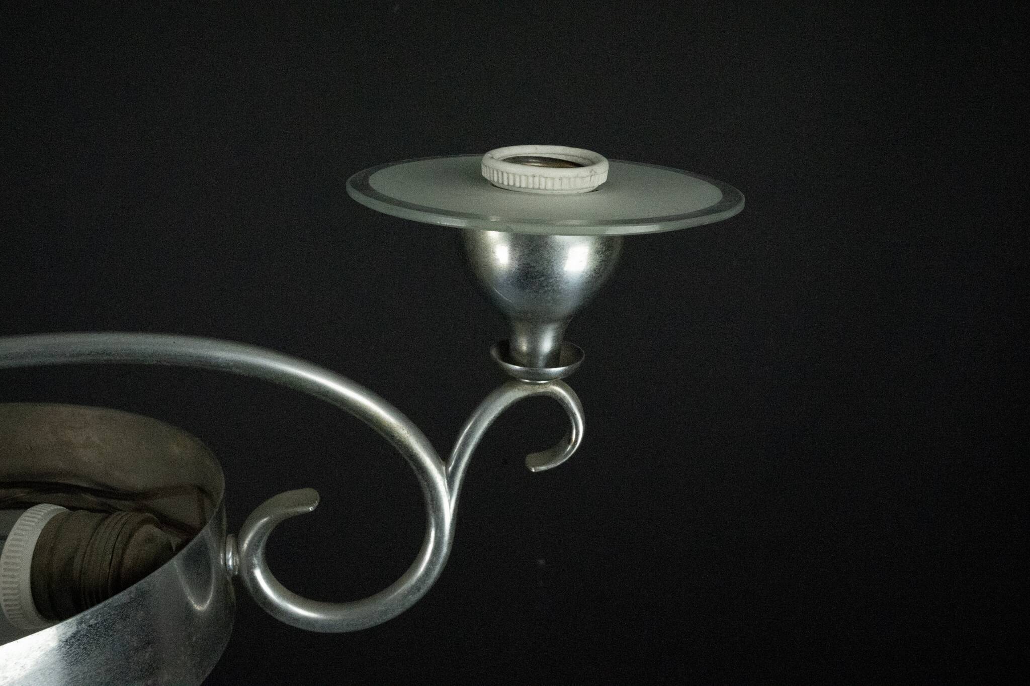 Art Deco Italian Chandelier in Nickel Brass and Frosted Glass, 1930s