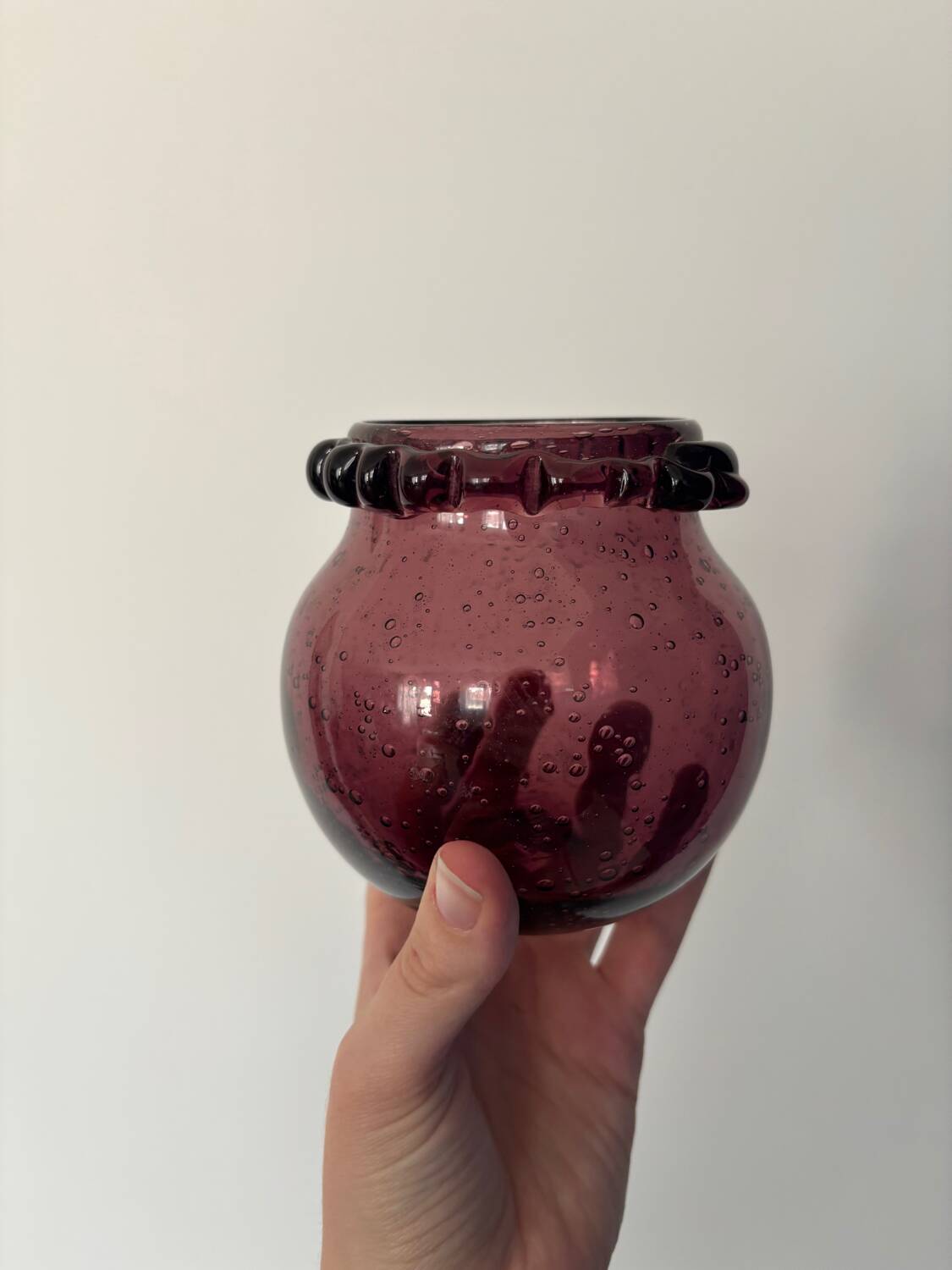 small purple ball vase in vintage bubbled glass signed biot